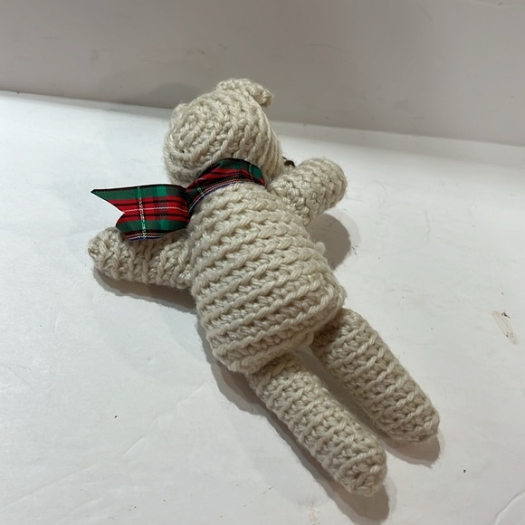 Handmade crochet teddy bear size 6.5”, color: beige with plaid neck ribbon - Picture 4 of 5